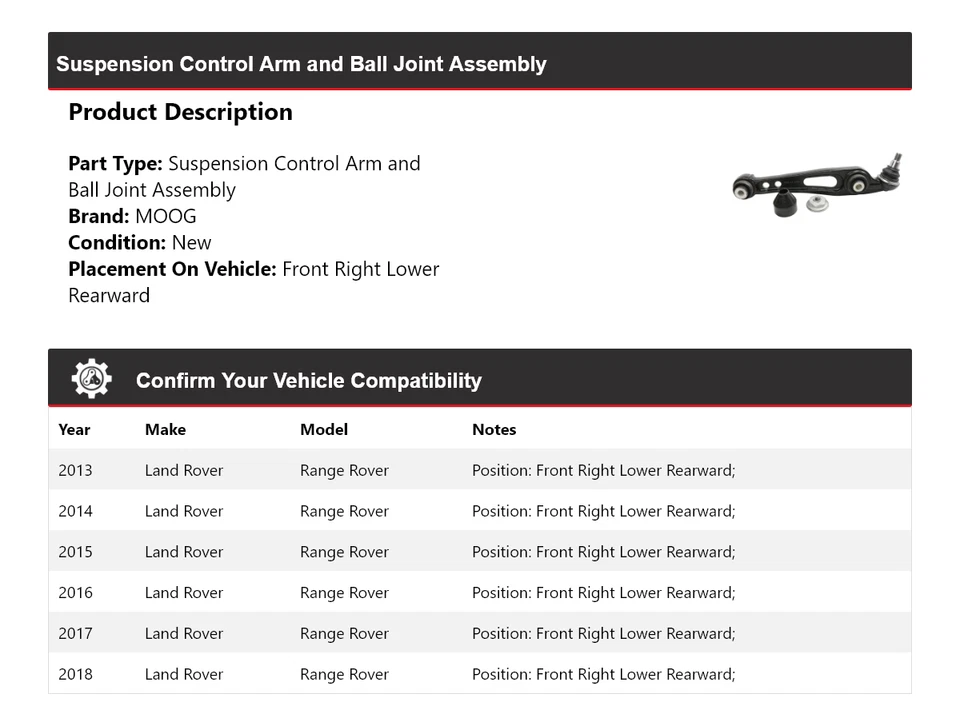 Brazo de control delantero derecho inferior trasero MOOG para Land Rover Range Rover 2013-2018 Foto 2 de 4