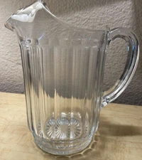 Vintage Heavy Glass Beverage Pitcher Ice Keeping Spout Ribbed Body Star Base