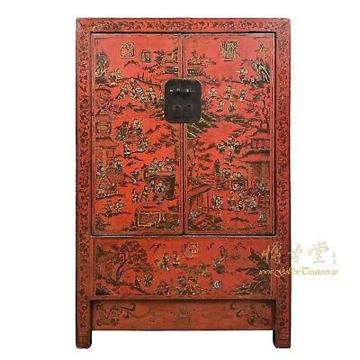 Antique Chinese Red Lacquered Wedding, Red Asian Lacquer Dresser