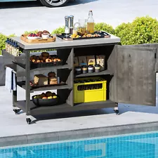 Solid Wood Outdoor Storage Cabinet Movable Grill Cart with Stainless Steel Top