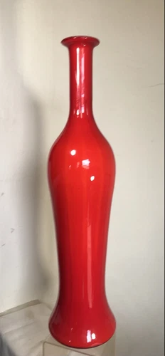 VINTAGE ITALIAN BLOWN CASED GLASS BOTTLE  EMPOLI RED ORANGE 19.25" BLENKO ERA