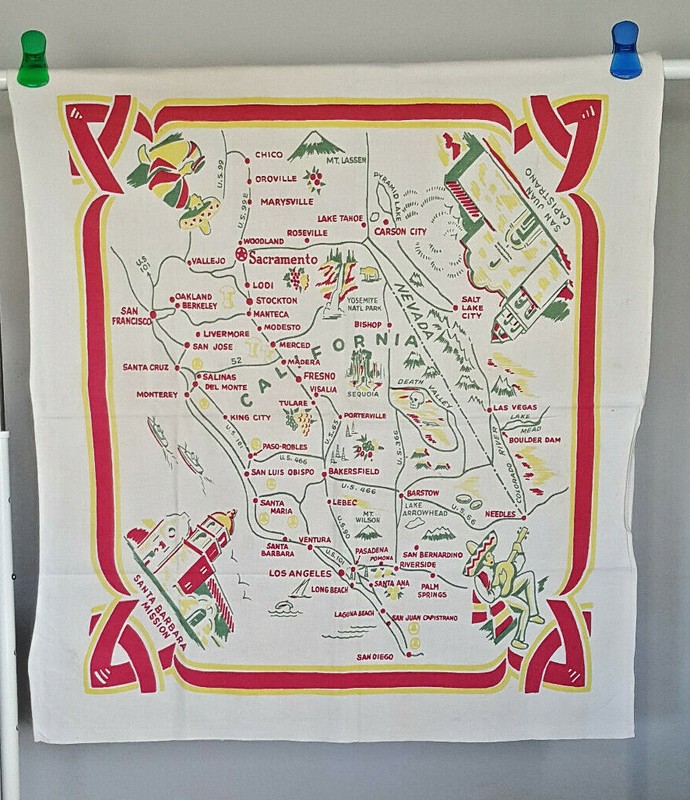 Vintage CALIFORNIA STATE TABLECLOTH Souvenir 33" x 37" White Cotton MID CENTURY