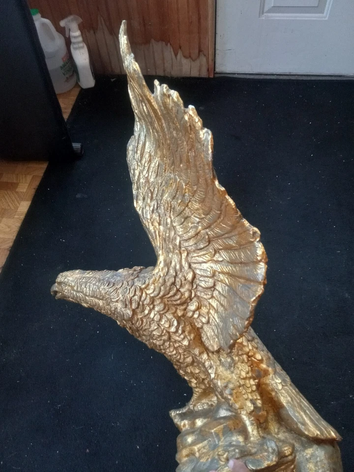 3' Tall X 2' Wide Bald Eagle Sculpture Cast In Alabaster with Gilt Finish 45 Lbs - Image 2 of 4