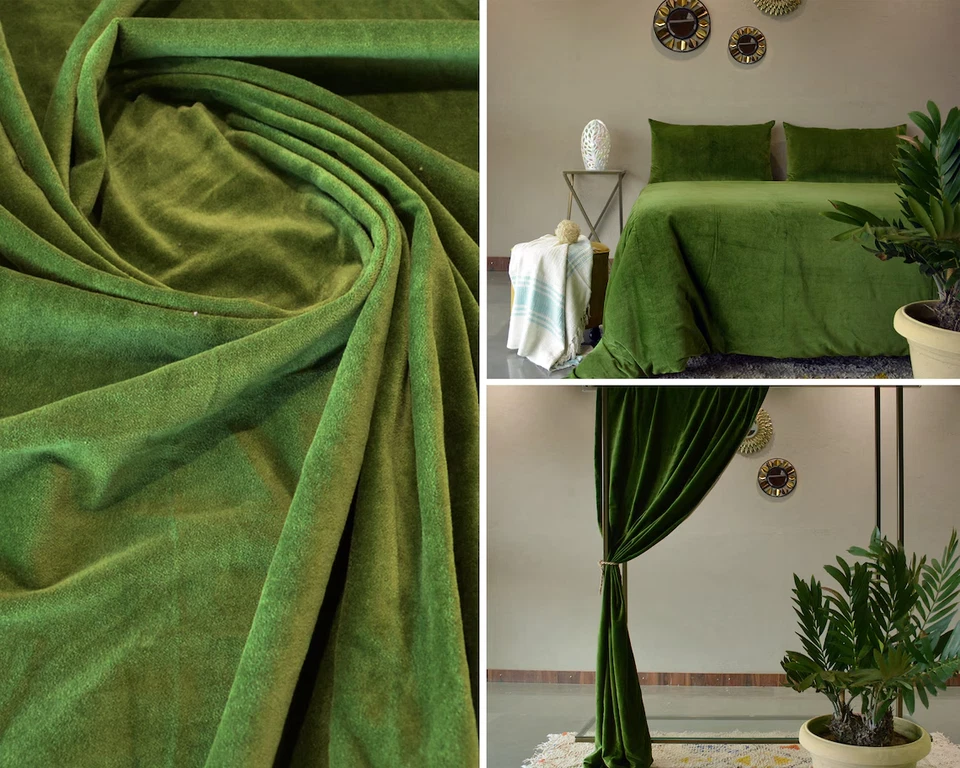 Moss Green Cotton Velvet Upholstery Fabric for Sofa |44” Wide | Soft & Durable - Image 3 of 4