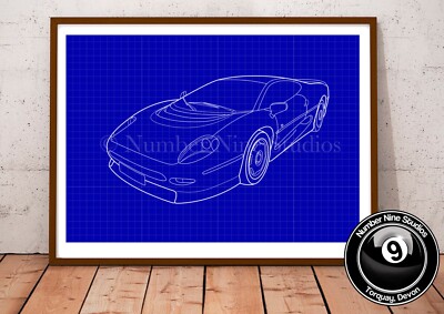 Jaguar XJ 220 Classic BLAUPAUSE Illustration, hohe Qualität, signiert vom Künstler.