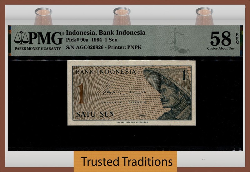 TT PK 90a 1964 INDONESIA BANK of INDONESIA 1 SEN PMG 58 EPQ CHOICE ABOUT UNC