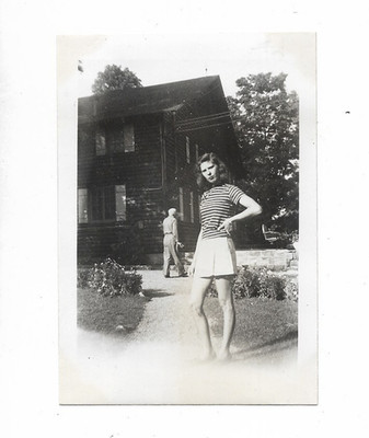 Vintage Photo Beautiful Girl Sultry HAND ON HIP Striped Shirt Leggy Siren Vixen