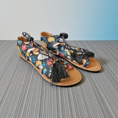 Qupid Athena 1200X Women's Tropical Floral Lace Up Tassel Sandals Multicolor