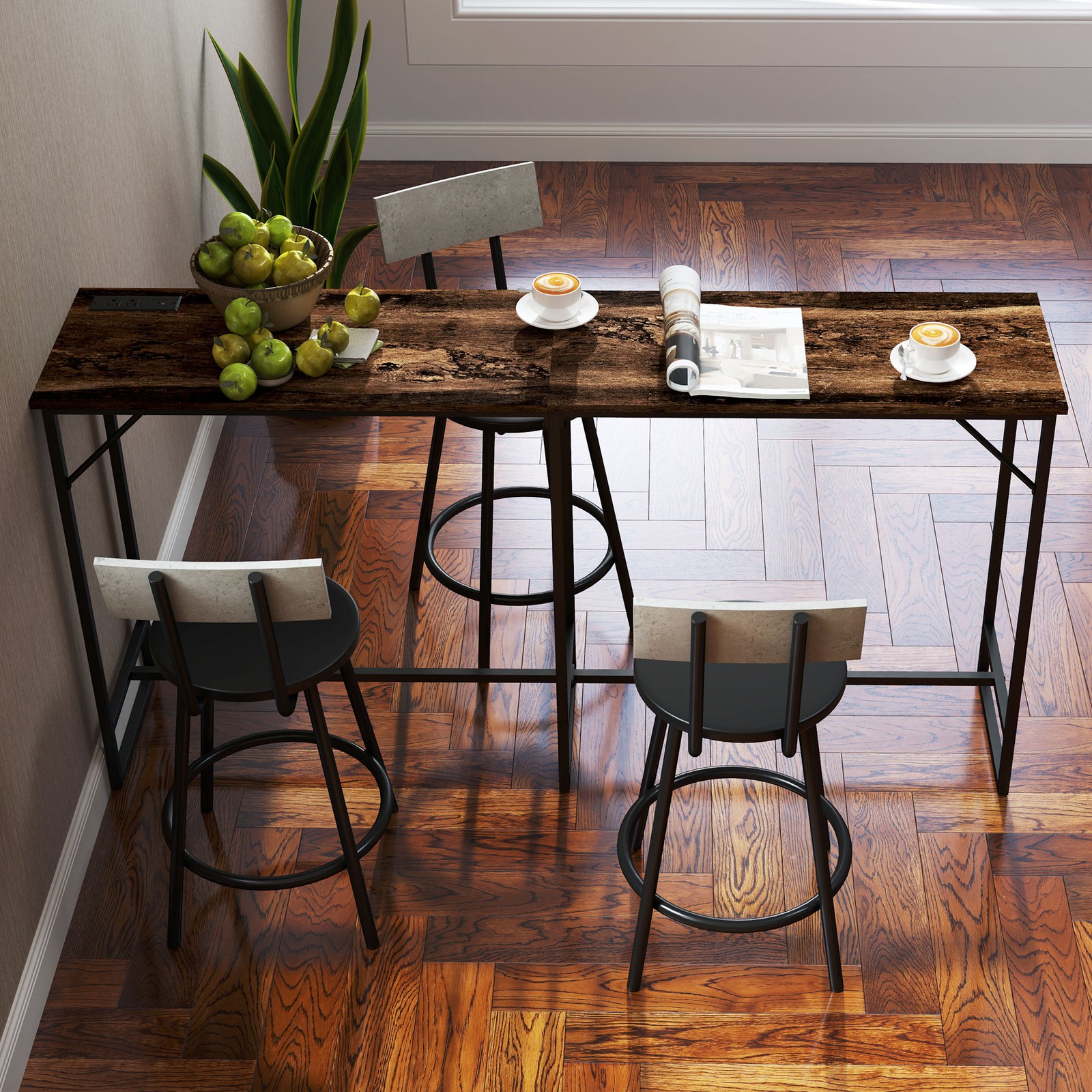 HOMCOM 70" Bar Table with Charging Station, Bar Height Pub Table, Brown