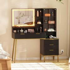 Vanity Desk with Mirror LED Lights, 3 Drawers Makeup Table with Outlet
