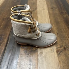 Size 3M - Sperry Youth Saltwater Emboss Duck Boots Gray/ Pink