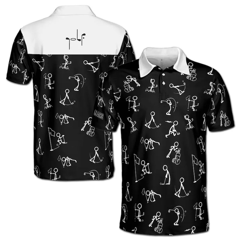 Custom Name Funny Golf Stick Figure Polo Shirt Golfer Gift Men