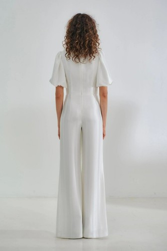 NWT Galvan London Eden Plunging Wide Leg White Satin Bridal Jumpsuit Puff Sleeve - Picture 6 of 21