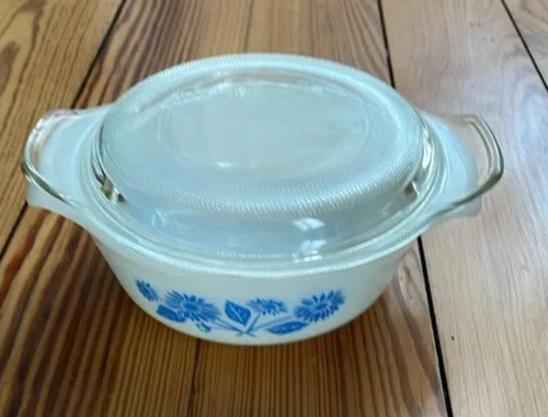 Vintage Anchor Hocking Fire King Baking Dish w/ Lid 12 oz Blue Sunflower Pattern