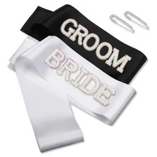 Groom Bridal Sash Set Pearl Rhinestone Wedding Sashes 2 PCS With Pins Party