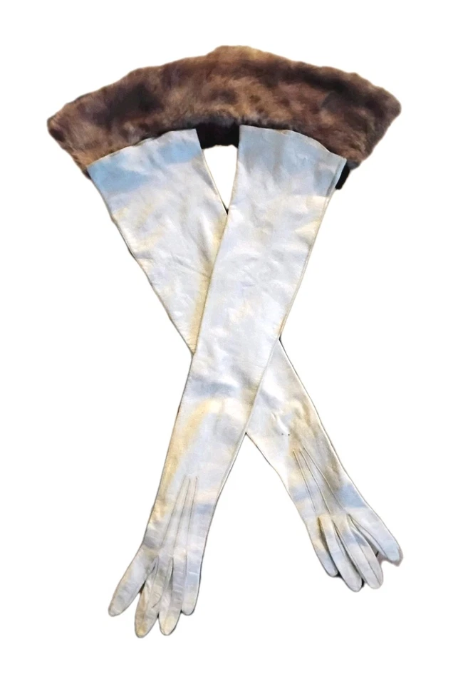 26 " White Kid Leather Wedding Formal Gloves  White Mink Cuff 7. 5 Mint Elegant - Image 2 of 4