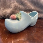 Vtg McCoy Pottery Lt Blue Ceramic Dutch Shoe Planter w/ Rose Accent *See Details