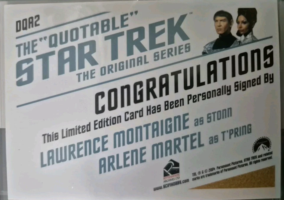 STAR TREK TOS AUTO DQA2 Lawrence Montaigne as Stonn / Arlene Martel as T'Pring - Image 2 of 2