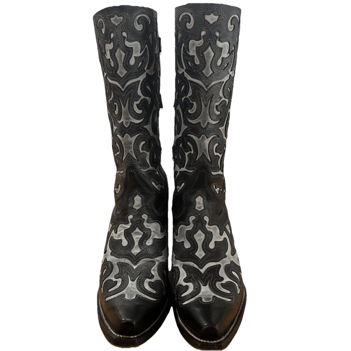 Dillon Women's Leather Black White Buckles Moto Cowboy Wide