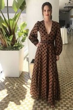 ZIMMERMANN Juno Split Long Dress V Neck Linen Polka Dot Dotted Brown Zip SZ 1 S