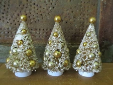 Mica Snow Bottle Brush Christmas Tree Cream Silver Gold Vintage Style Set of 3