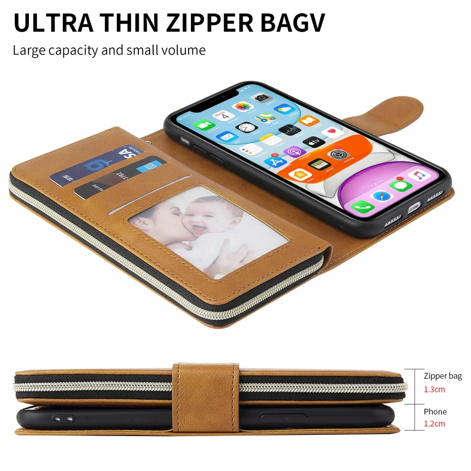 Para iPhone 16 15 14 13 12 11 Pro Max XS XR Funda Cuero Billetera Cremallera Cubierta Abatible Foto 4 de 4