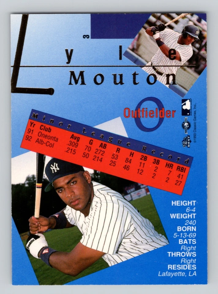 1993 Classic Best Gold Minor League - Lyle Mouton #3 (RC) - Image 2 of 2