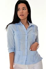 Ladies Lt. Blue Linen Guayabera Traditional (4) Pocket 3/4 Sleeve Top LLGB3009
