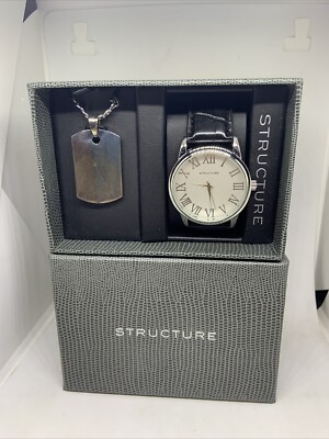 STRUCTURE Analog Quartz MEN S WATCH SET Black Strap Silver Tone Dial 62041-R13