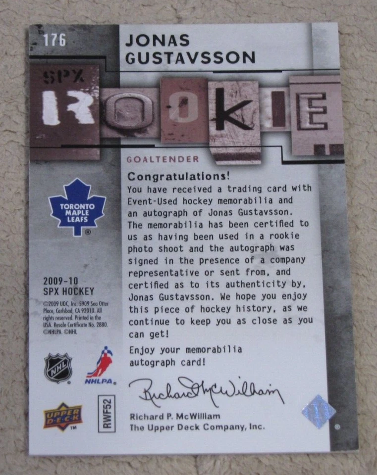 2009-10 SPx Jonas Gustavsson Rookie RPA Auto Relic /499 - Image 2 of 2
