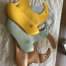 3pc Baby Toddler Silicone Catcher Weaning Bibs Yellow Brown Blue New Dishwasher!