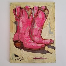 Pink Cowgirl Boots Cowboy Painting Original Oil Art Abstract Modern Wall Artwork