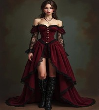 Gothic Corset High Low Train Burgundy Sleeve Victorian Halloween Party Dresses