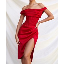 NEW House of CB Lulu Corset One-Shoulder Satin Midi Dress in Red Size Small