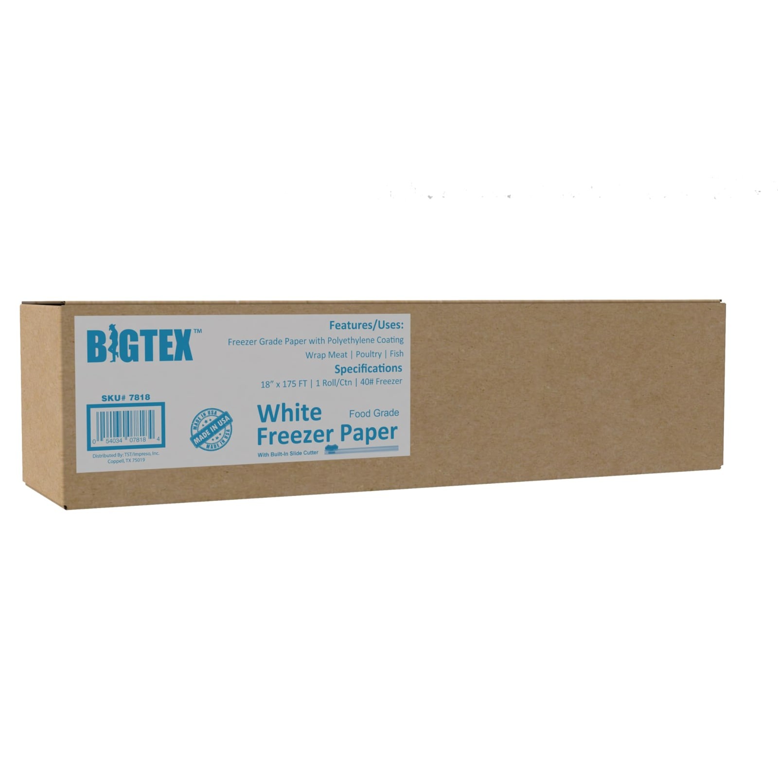 Alliance Big Tex Freezer Paper Roll 18" x 175' White Food Grade Side Cutter