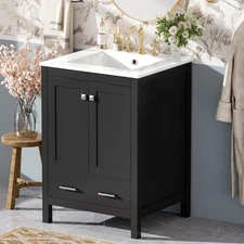 24" Bathroom Vanity w/Ceramic Sink Modern Freestanding Vanity Cabinet w/2 Doors
