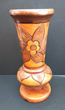 BOHO Handcarved Wood Vase Vessel Floral Leaf Design 9.5  Turned Wood Base Rustic