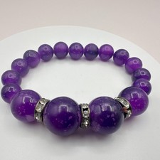 Vintage 90s Purple Glass Bead Stretch Bracelet Silver Tone Rhinestone Jewelry