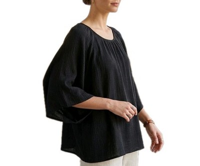 Stark X Women s Black 100% Cotton Gauzy Split Half Sleeve Tunic Shirt Sz L 