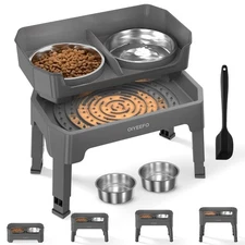 OIYEEFO 3 IN 1 LARGE ELEVATED DOG BOWLS 4 ADJUSTABLE HEIGHT BOWL - GRAY