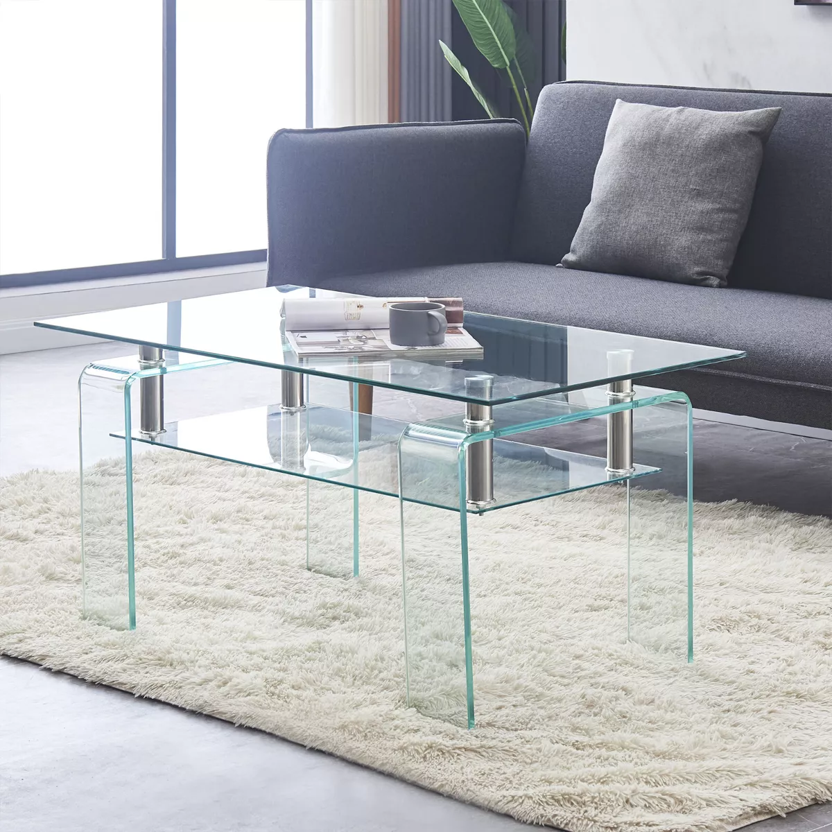 Tempered Glass Coffee Table with Glass Legs Modern Small Coffee