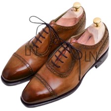 New Men's Brown Color Oxford Cap Toe Genuine Leather Lace Up Formal Shoes Custom