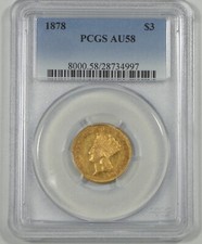 1878 $3 Indian Princess Head GOLD Piece CERTIFIED PCGS AU 58