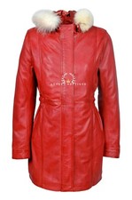Juliet Red Ladies Smart Fur Hooded Designer Lambskin Leather Jacket Long Coat