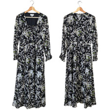Belle Sky Women's Medium Balloon Sleeve Boho Floral Tie V-Neck Maxi Dress Black