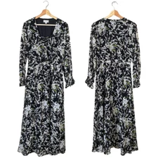 Belle Sky Women's Medium Balloon Sleeve Boho Floral Tie V-Neck Maxi Dress Black