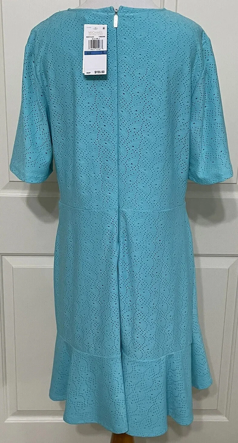 Abito Michael Kors taglia XL turchese manica corta volant aderente e svasato $155 nuovo con etichette
