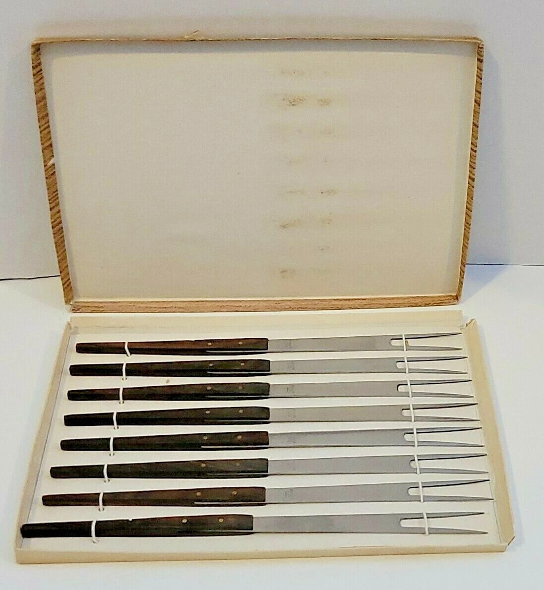 Vtg Japan Fondue Forks Mid Century Boxed Set of 8 Wood Handles Modernist in Box