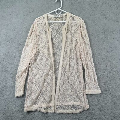 Scala Women's Beige Long Sleeve Open Front Beaded Lace Jacket Size XL