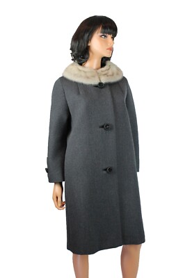 Fur Collar Coat Sz M L Vintage Gray Wool Mink Knee Length Winter